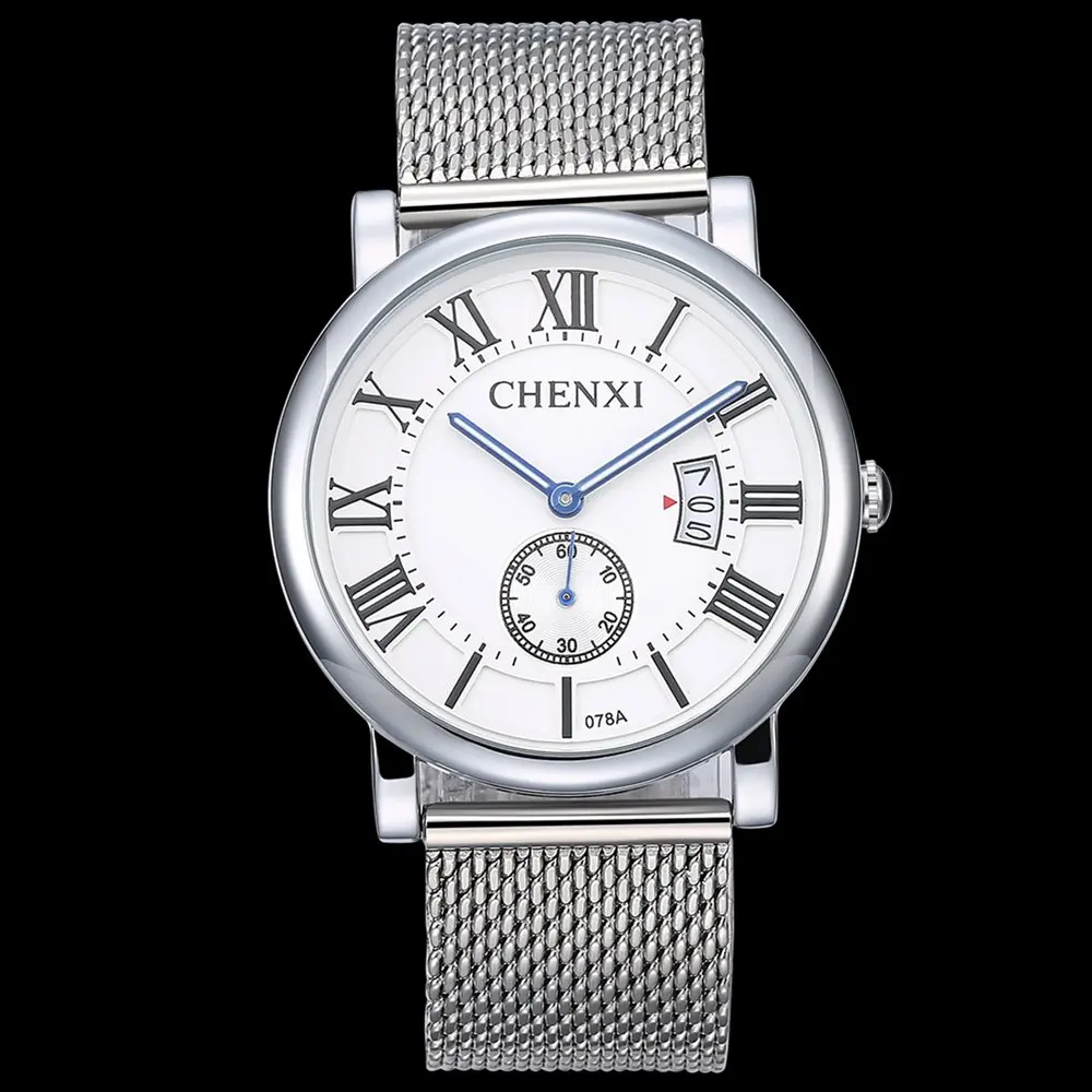 CHENXI серебро Бизнес часы Для мужчин римскими цифрами секундомер Календари