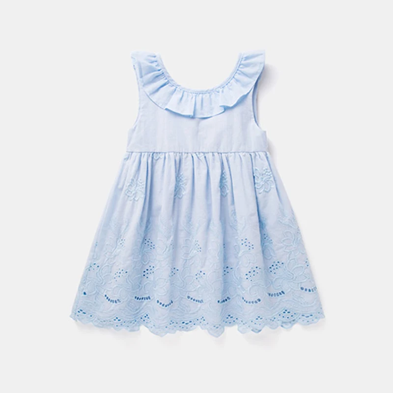 Hurave baby Girl ruffles drawstring bow clothes Children embroidery sleeveless dresses Kids Clothes crew neck dress | Детская одежда и