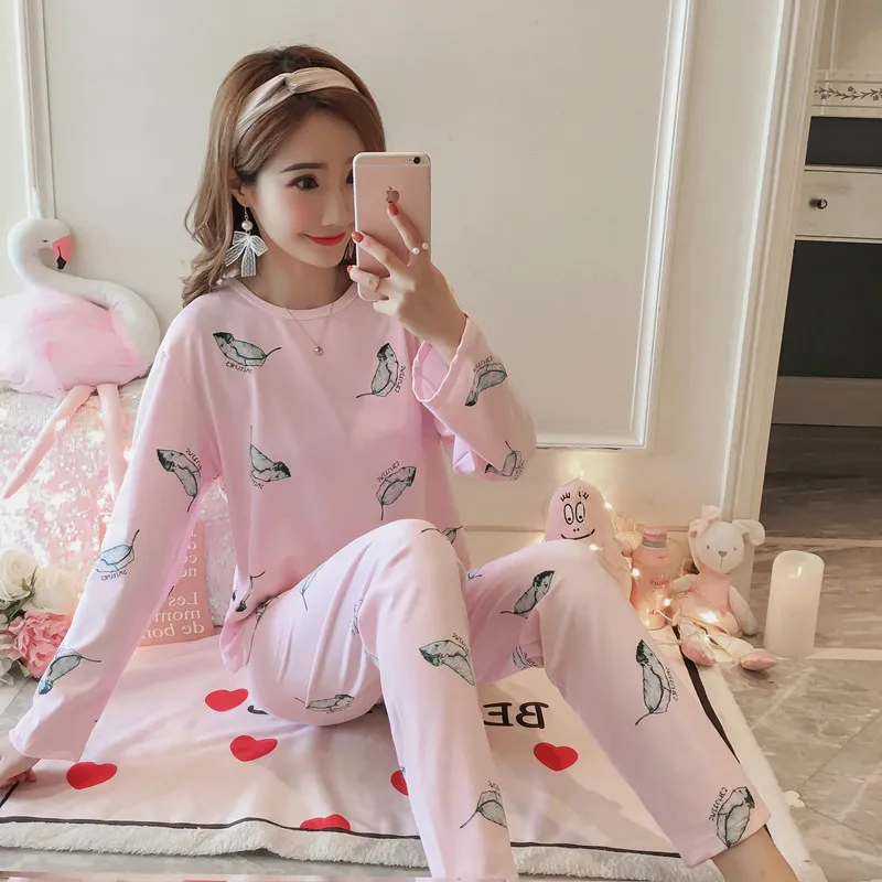 Весна Осень корейские женские пижамные комплекты с длинным рукавом пижамы