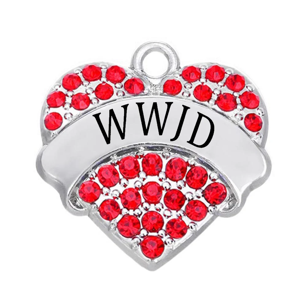 New hot English abbreviation WWJD heart-shaped crystal inlaid metal charm pendant meaning What Would Jesus Do | Украшения и