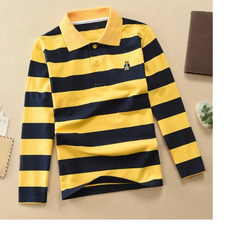High quality 4-12 years old boy polo shirt long sleeve shirt lapel round neck striped solid color cotton T-shirt