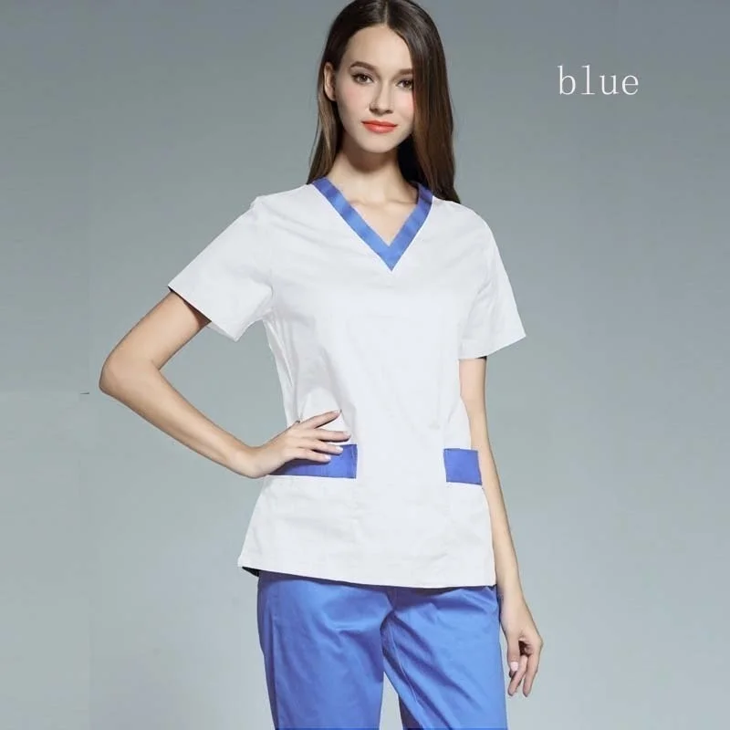 blue set Женская мода скрабы набор цветная Блокировка медицинская Униформа медицинский Para Mujer V шеи топ+ брюки спецодежда хлопок - Цвет: blue set