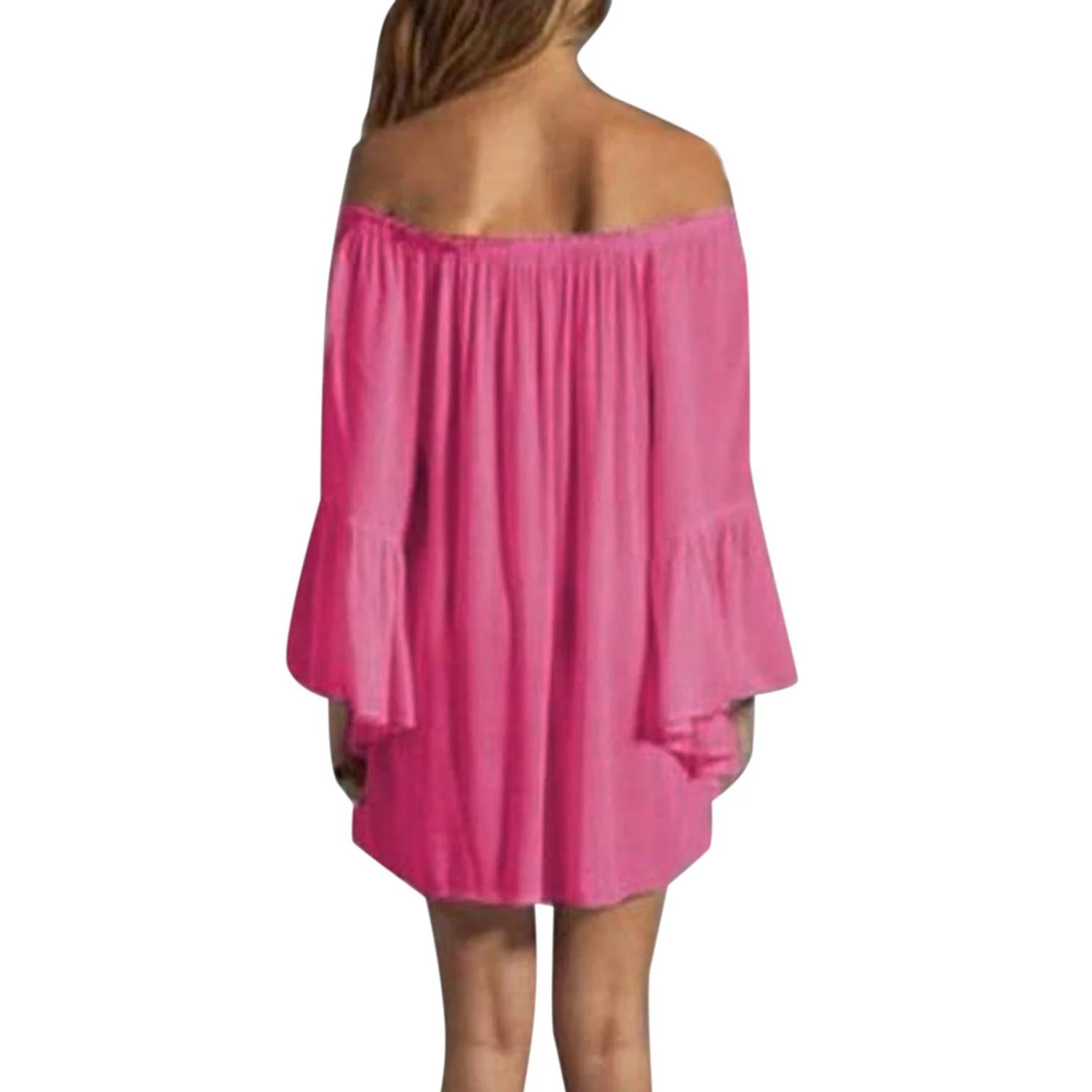 S-3XL 4 Color 2016 Summer Women Sexy Off Shoulder Slach Neck Chiffon Pleated Long Sleeve Loose Mini Short Dress Vestidos | Женская