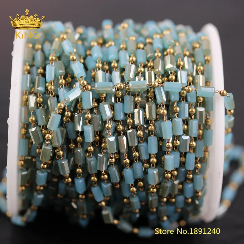

5meters Half Light Blue Glass Rosary Chain Craft Necklace,3x5mm Cut Rectangle Wire Wrapped Brass Copper Beaded Glass Chain HX207