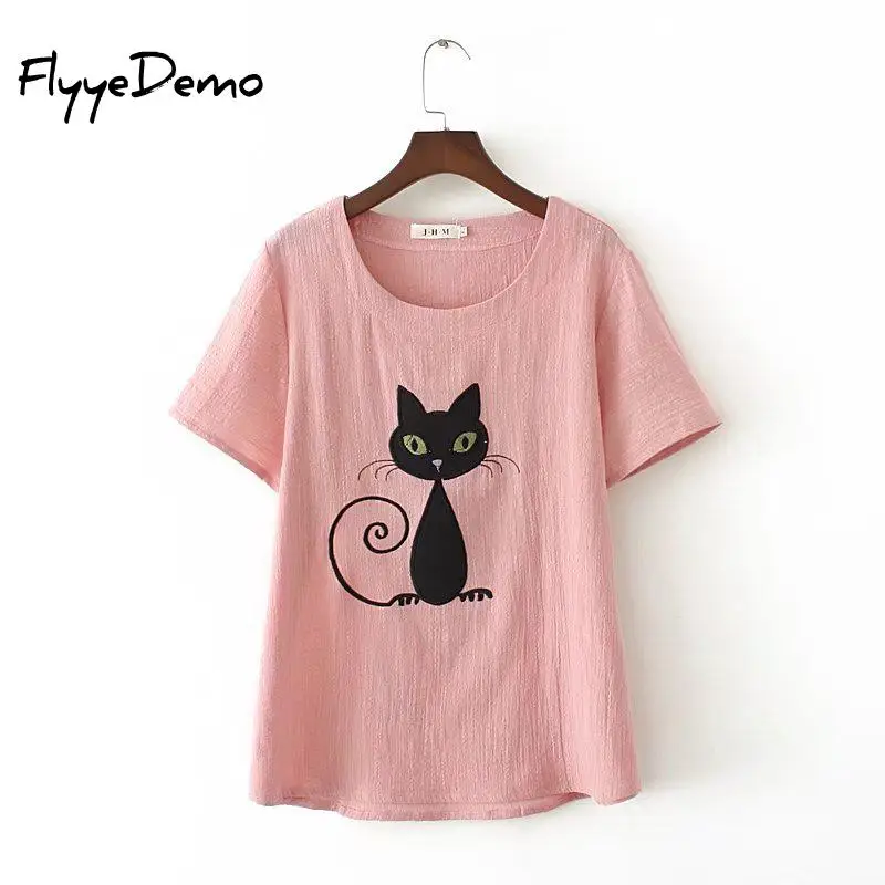 Kawaii Cat Appliques супер большая футболка для женщин Harajuku топы 2020 летняя с коротким