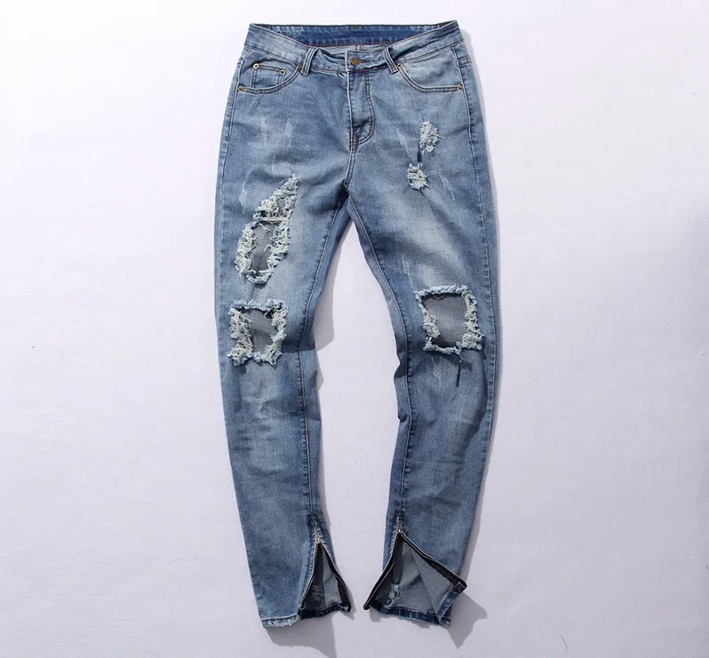 Мужские джинсы с молнией на щиколотке Kanye West, обтягивающие тянущиеся рваные на коленках, рваные джинсы с дырками для мужчин