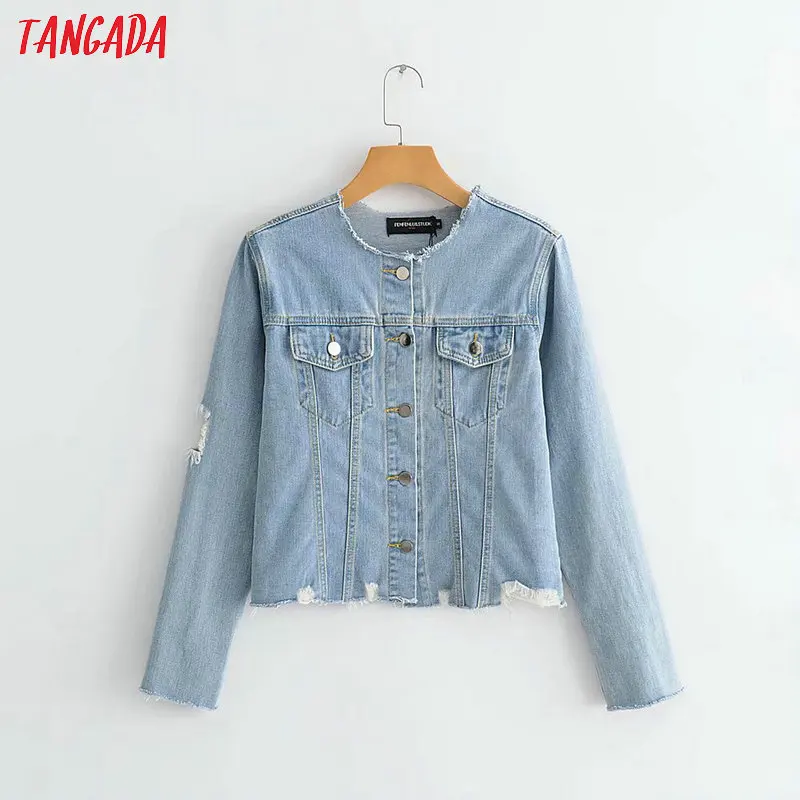 Tangada Мода женские джинсовые куртки с дырками женское синее короткое джинсовое пальто карманная брендовая Дизайнерская одежда FN26