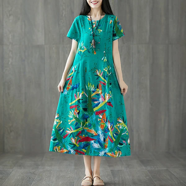 023 Plus Size Women Vintage Dress Summer Autumn Sundress Cotton Linen Vestidos Lady Long Dresses Print Floral Loose Casual Dress - Цвет: 023