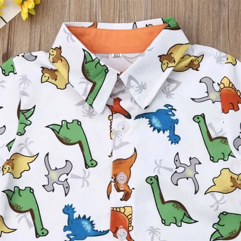 New Toddler Baby Boys Summer Dinosaur Cartoon Short Sleeve Tops T-shirt +Solid Color Pants Shorts 2Pcs Outfits Kids Clothes Sets |