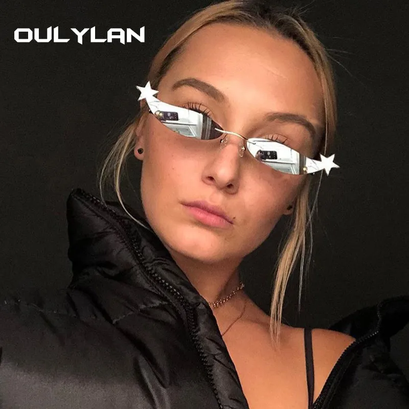 Oulylan, маленькие солнцезащитные очки без оправы, женские Винтажные Солнцезащитные очки «кошачий глаз», Ретро стиль, женские узкие зеркальные линзы, металлическая оправа, солнцезащитные очки UV400