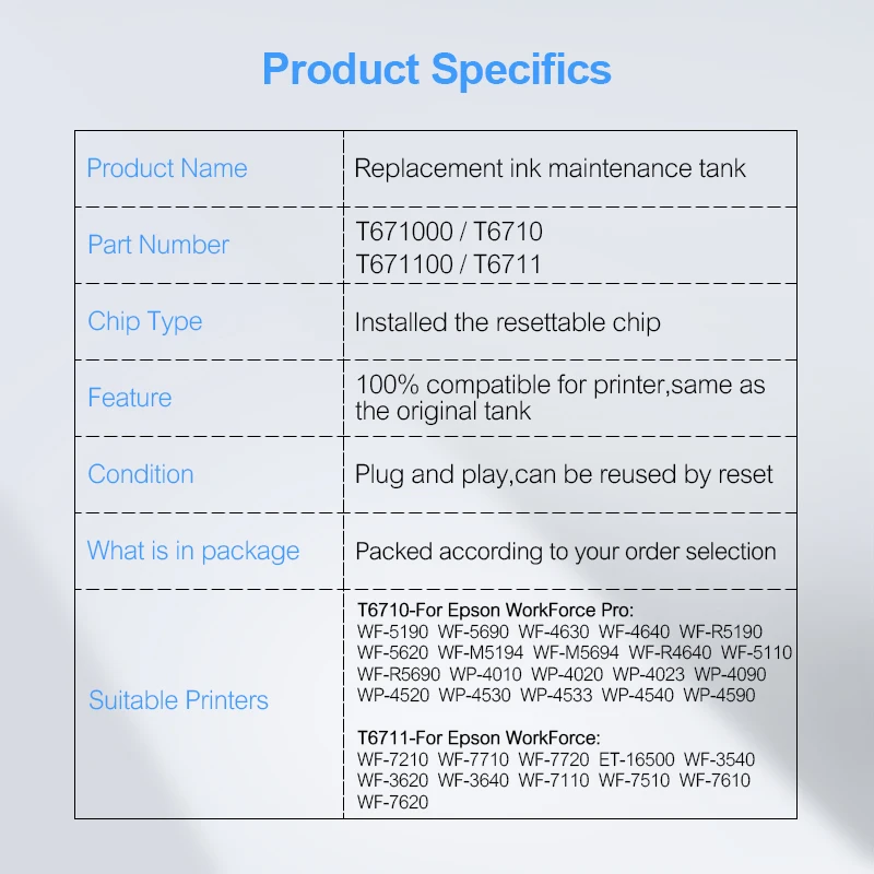 T6710 T6711 обслуживание чернилами для Epson рабочей силы Pro WF-5190 WF-5690 WF-4630 WF-5110 WP-4010 WF-7710 WF-7720 коробка технического обслуживания