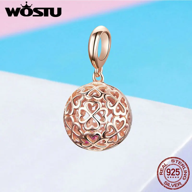 WOSTU 925 Sterling Silver Hollow Rose Gold Charms Round Bead Fit Original Bracelet Pendant For Women Luxury Jewelry DXC1127