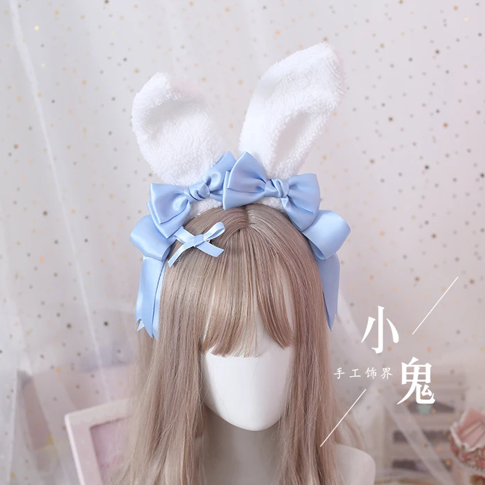 Light blue Ручной работы ЯПОНСКИЙ мягкий диадема для девушки обруч для волос с большим бантом милый плюшевый милый кролик уши ободок для головы головной убор Лолиты - Цвет: Light blue