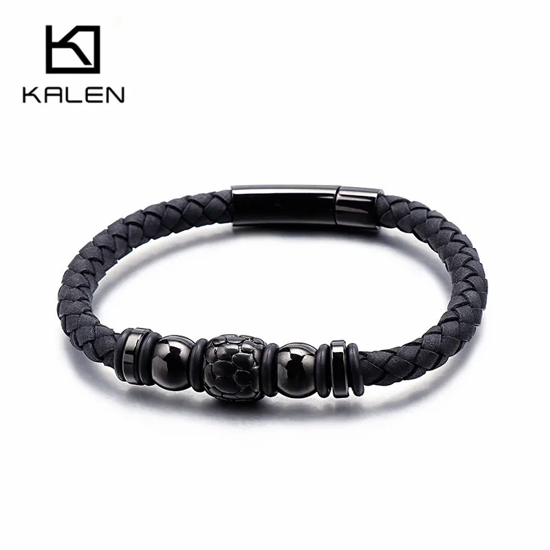 KALEN Boho Genuine Braied Leather Wrap Bracelet Men 21.5cm Stainless Steel Gold Black Beads Charm Wristband Male Jewelry | Украшения и