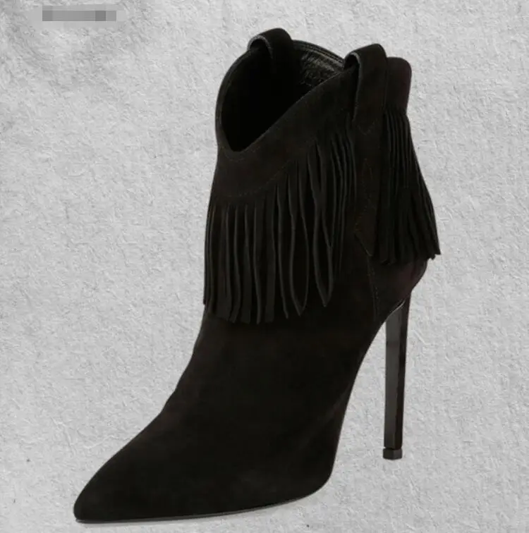 Women Ankle Boots Thin High Heel Lace Up Pointed Toe Women Tassel Fringe Black Ladies Motorcycle Boots Size 34-43