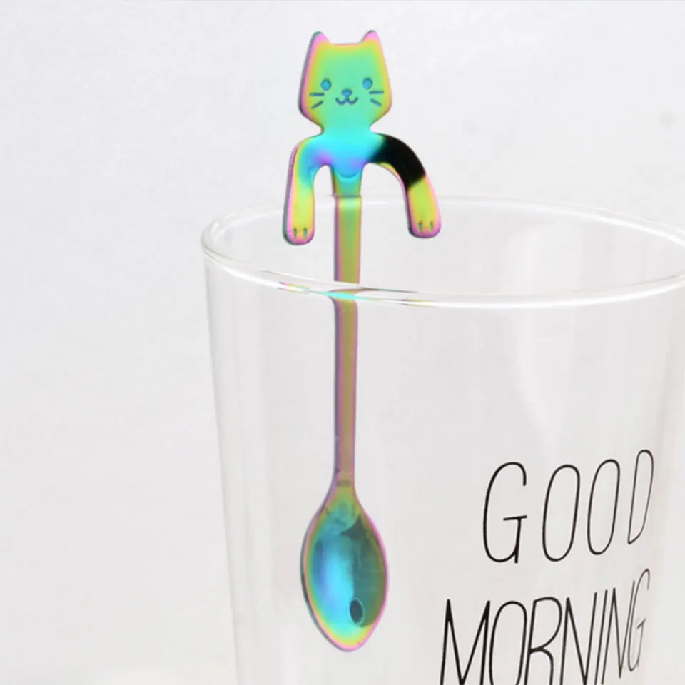 cat colorful Новинка,, милая кофейная ложка с котом и медведем, 304, подвесная ложка из нержавеющей стали, креативные питьевые чайные ложки, ложка для мороженого, десерта, чайная ложка, длинная - Цвет: cat colorful