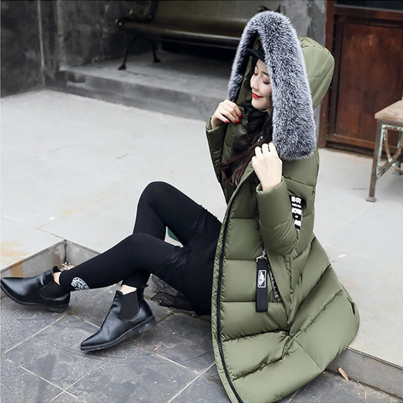 

2017 NEW WOMEN WINTER JACKETS HOODED MEDIUM LENGTH COAT COTTON PADDED THICKEN WARM BIG FUR COLLAR FEMALE PARKAS HOT SALE ZL367