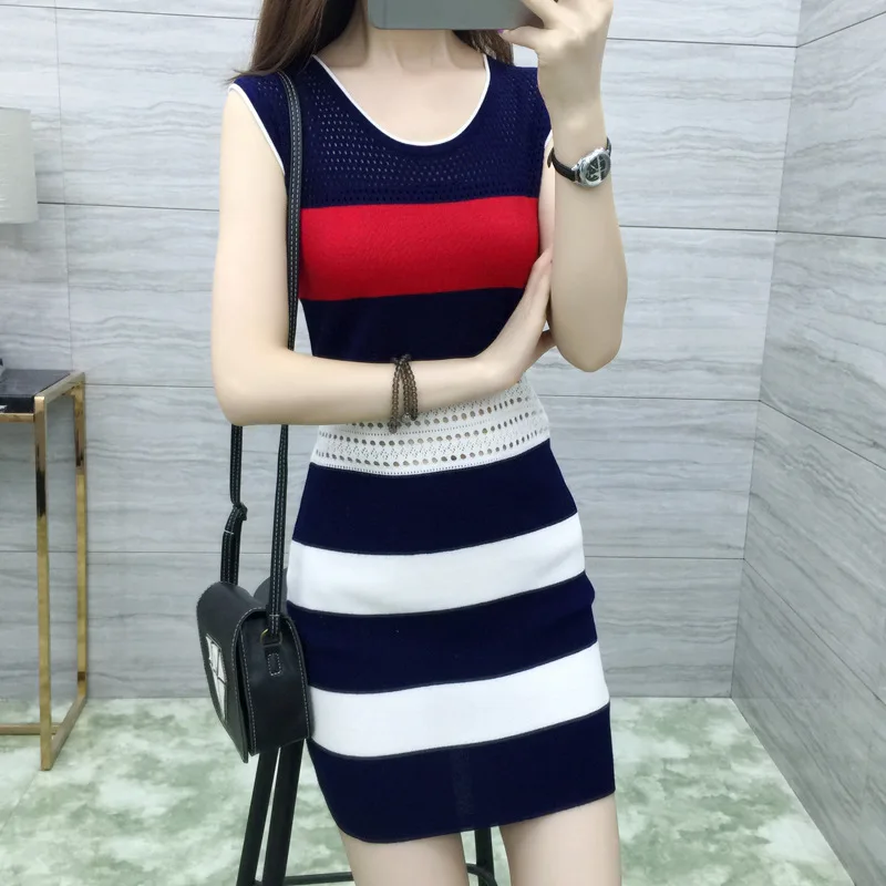 2017 летнее женское Новое Полосатое платье хит цвет пуловеры вязаный Сарафан Мини