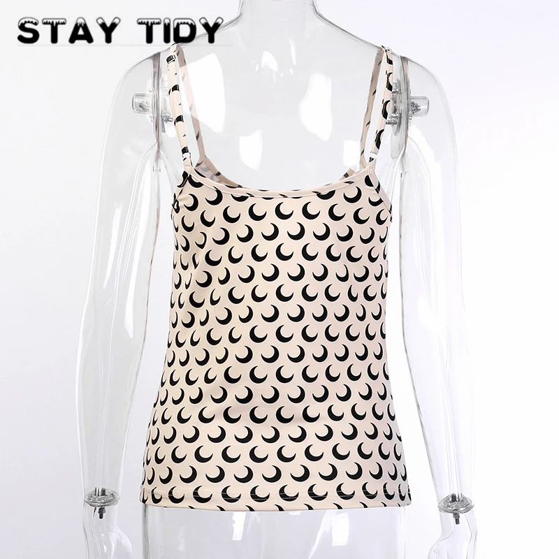 Оставайтесь аккуратные абрикос Луна принт С НАБОРНЫМИ БРЕТЕЛЬКАМИ топы с