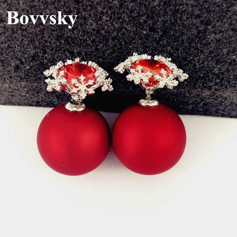 Женские Двухсторонние серьги гвоздики Bovvsky с матовым шариком и кристаллом из