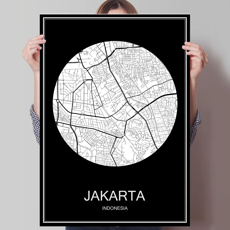 Абстрактный карта городов мира Джакарту Индонезию печать плаката на Бумага или