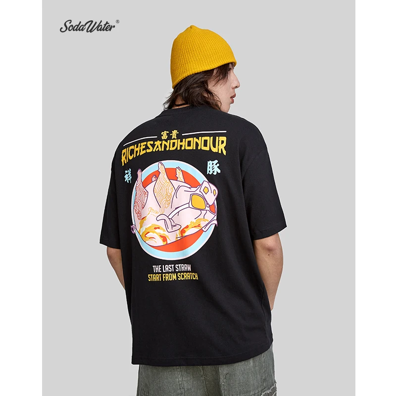 SODA WATER Zhongwen Print Tee Men's Funny T-shirt Loose Fit Streetwear Harajuku Icon Short Sleeve Unisex Clothes 9155S | Мужская