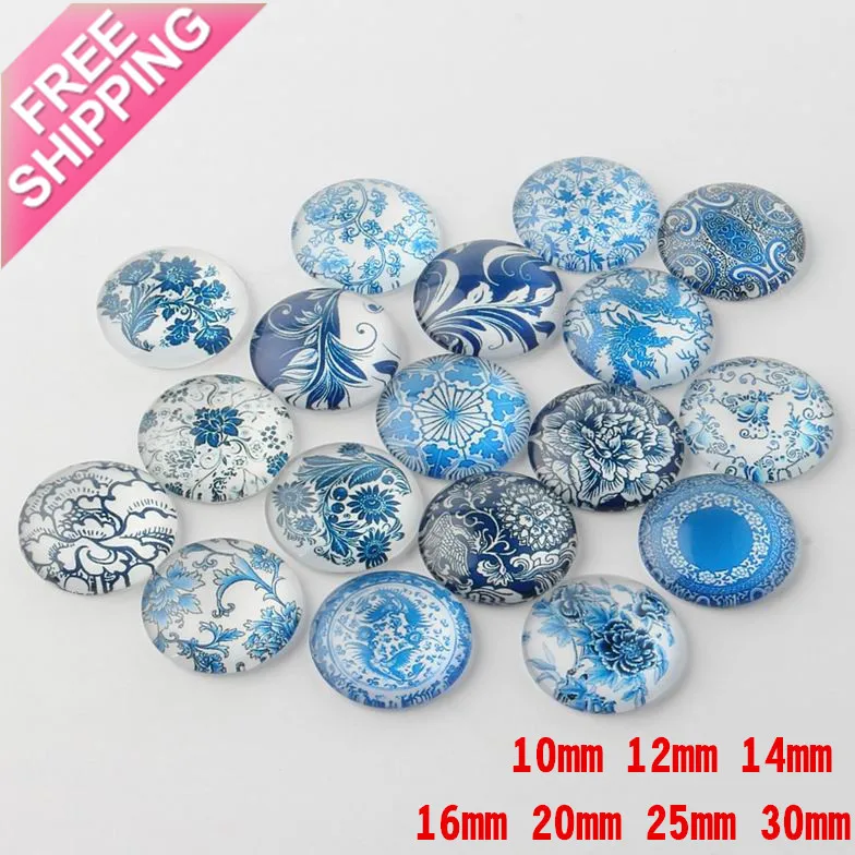 Стекло с принтом и плоской задней камерой 10-30 мм цвет синий белый кабошон