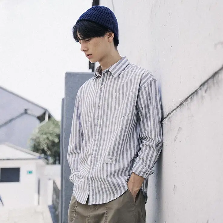 Japanese menswear 2021 tide Autumn new shirt male lapel loose striped jacket Men Fashion long-sleeved Cotton shirts M-XXL | Мужская