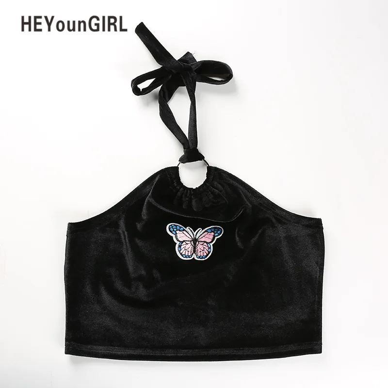 HEYounGIRL, топ с бретельками на шее, сексуальные топы с принтом, без бретелек, Бюстгальтер-бандо, летний укороченный черный, милый, с открытыми плечами, для женщин, Клубная одежда, вечерние