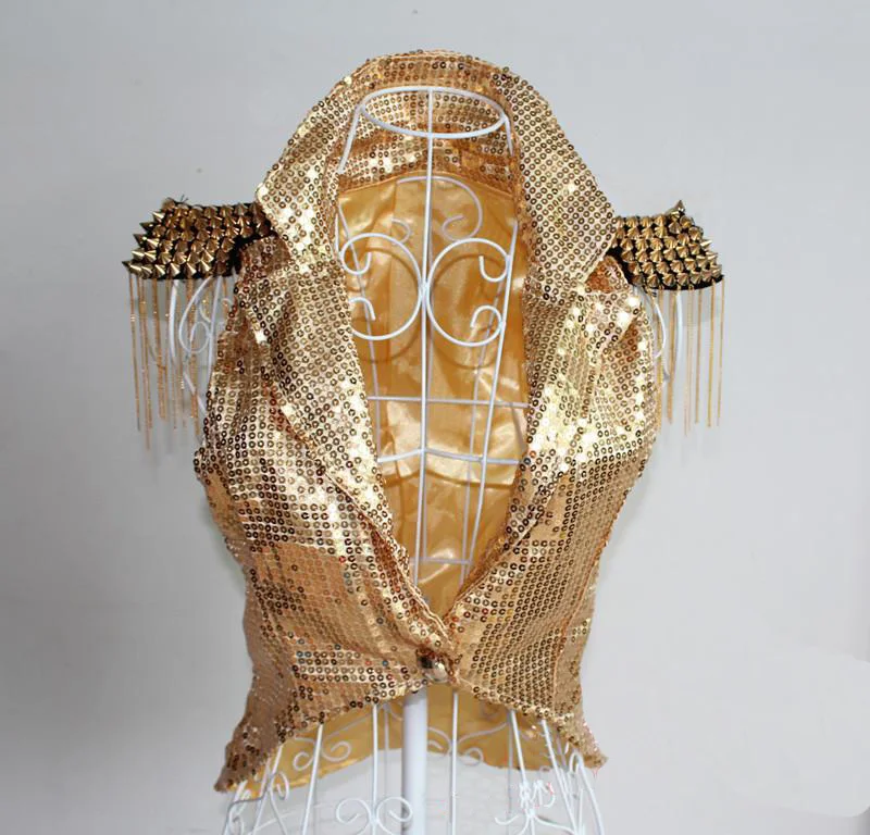 

Songyuexia Hip-hop jazz dance rivet fringed sequins swallow tail small suit stage singer canteen performance dress
