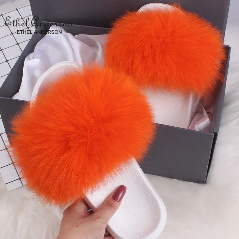 Orange(White) Ethel Anderson/женские меховые тапочки; женские модные пушистые шлепанцы с натуральным лисьим мехом; женские меховые шлепанцы - Цвет: Orange(White)