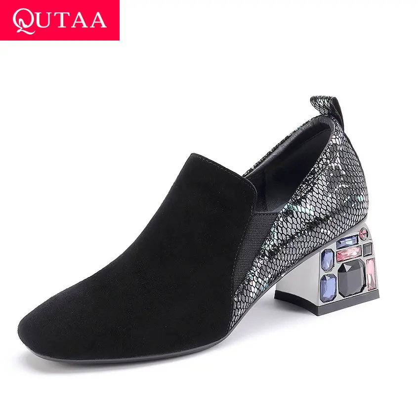 Женские туфли-лодочки QUTAA Осенняя обувь из овчины на квадратном каблуке со