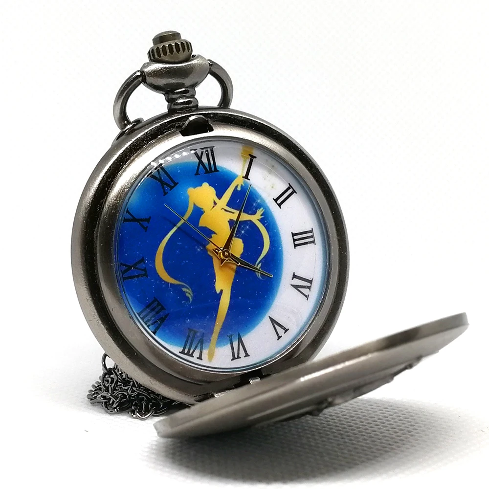 Gery Blue Dial Новая мода Сейлор Мун мультфильмы в стиле аниме черный циферблат кварцевые карманные часы аналоговый кулон ожерелье леди женские Fob часы подарок - Цвет: Gery Blue Dial