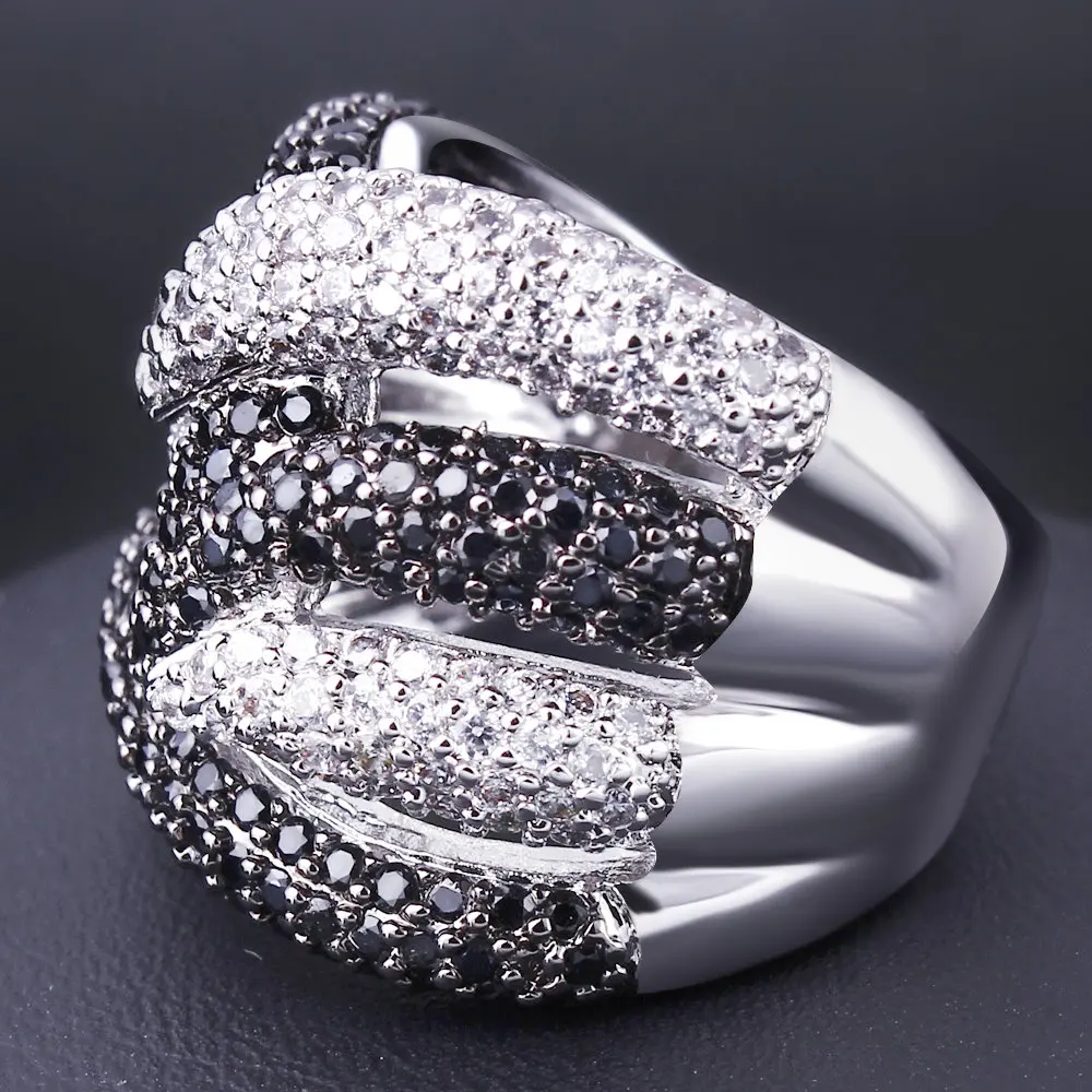 Новый большой Белое и черное кольцо Rhodium Gold цвет кубического циркония Кольца