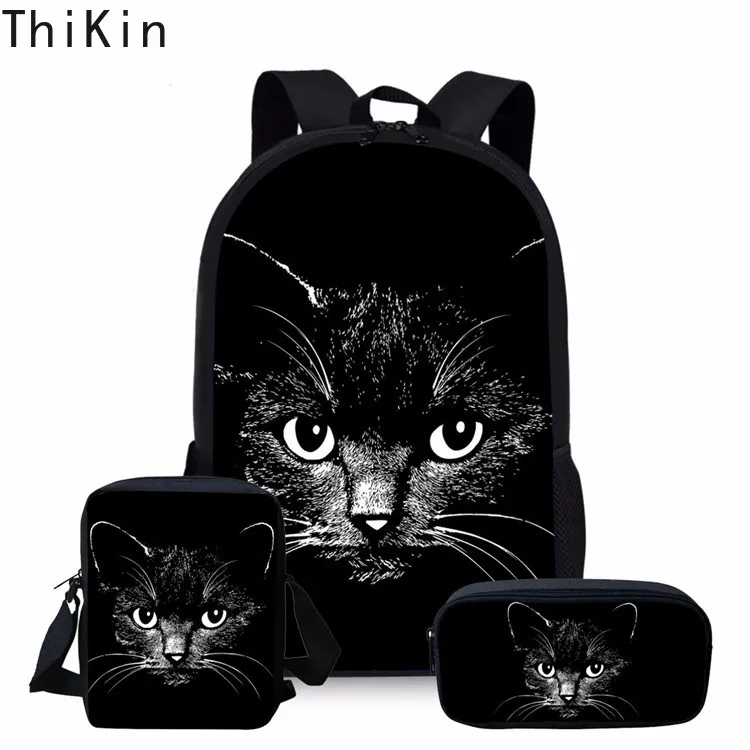 THIKIN 3 шт./компл. и принтом в виде черного кота школьный рюкзак для девочек-подростков, милая Студенческая школьная сумка для детей Детская сумка для карандашей мини сумка
