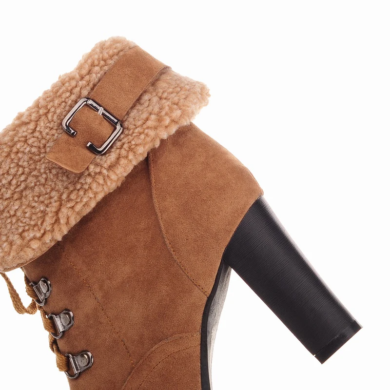 Женские ботильоны на толстом высоком каблуке со шнуровкой и мехом внутри|shoes fashion