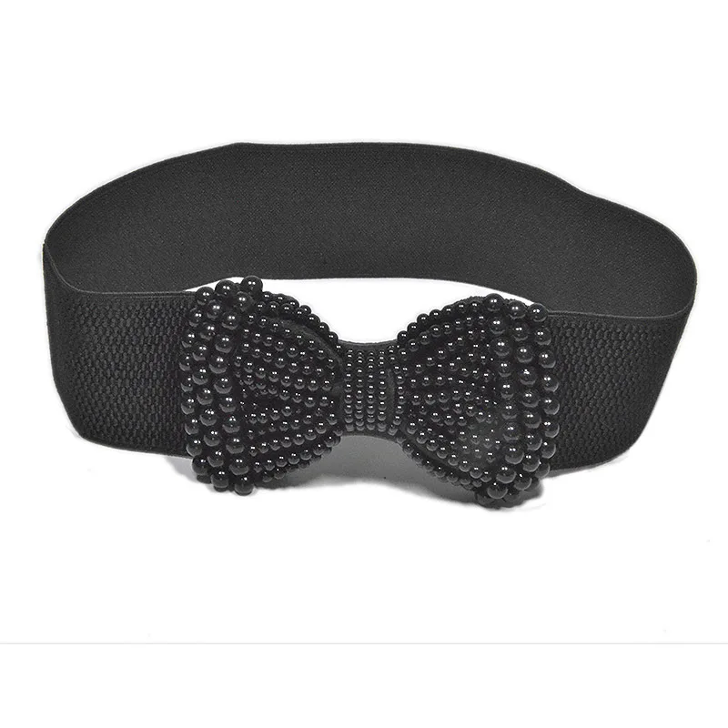 Модные женские широкие ремни с имитацией жемчуга, белый, черный, жемчужный пояс с пряжкой, пояс с эластичной резинкой на талии - Цвет: Черный