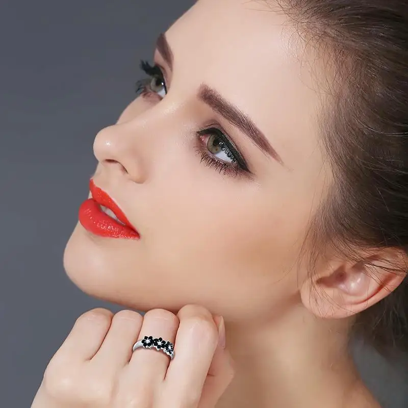 Black Awn милые 925 пробы серебряные ювелирные изделия цветок Bague черная шпинель свадебные кольца для женщин и девушек вечерние подарки CC464