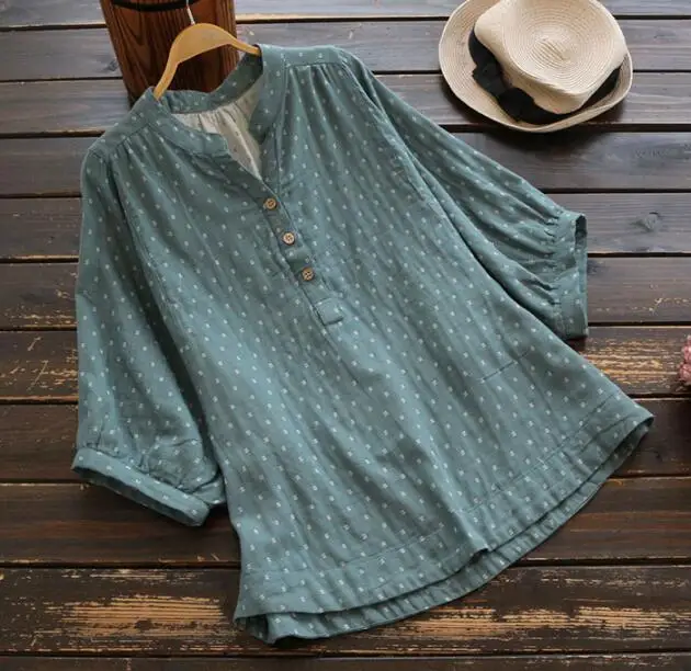 Dot printing v-neck Cotton yarn shirt top mori girl 2018 Summer |