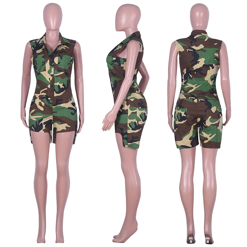 Women Cargo JUMPSUIT Camouflage Print Short Rompers Single Breasted Button Playsuit Sleeveless Streetwear Outfits jeans Design