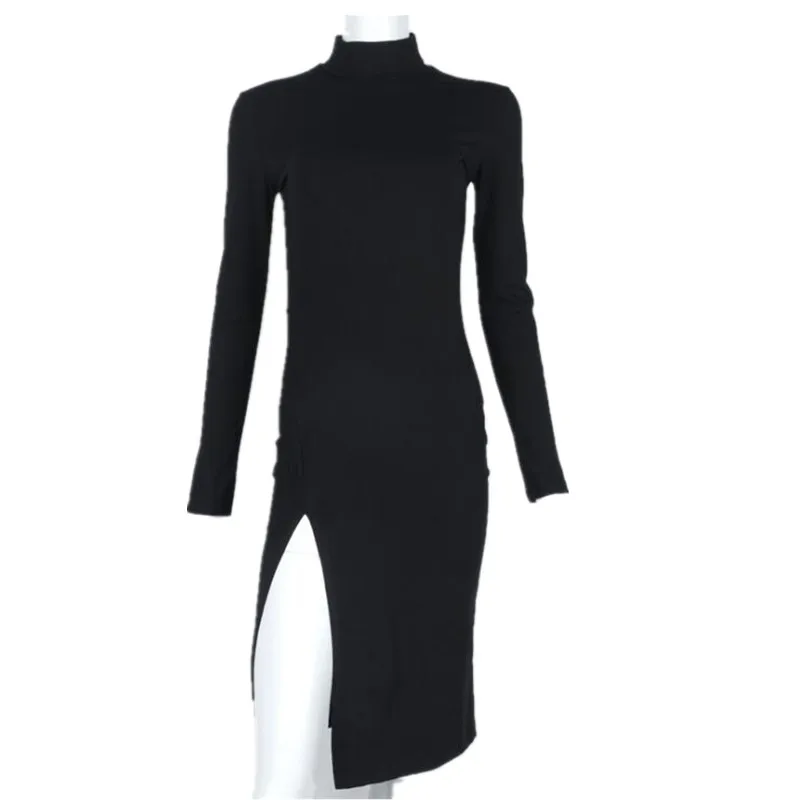 Fashion Ladies Long Sleeve Turtleneck Side Open Elastic Winter Dress Slim Fit Skinny Tight | Женская одежда