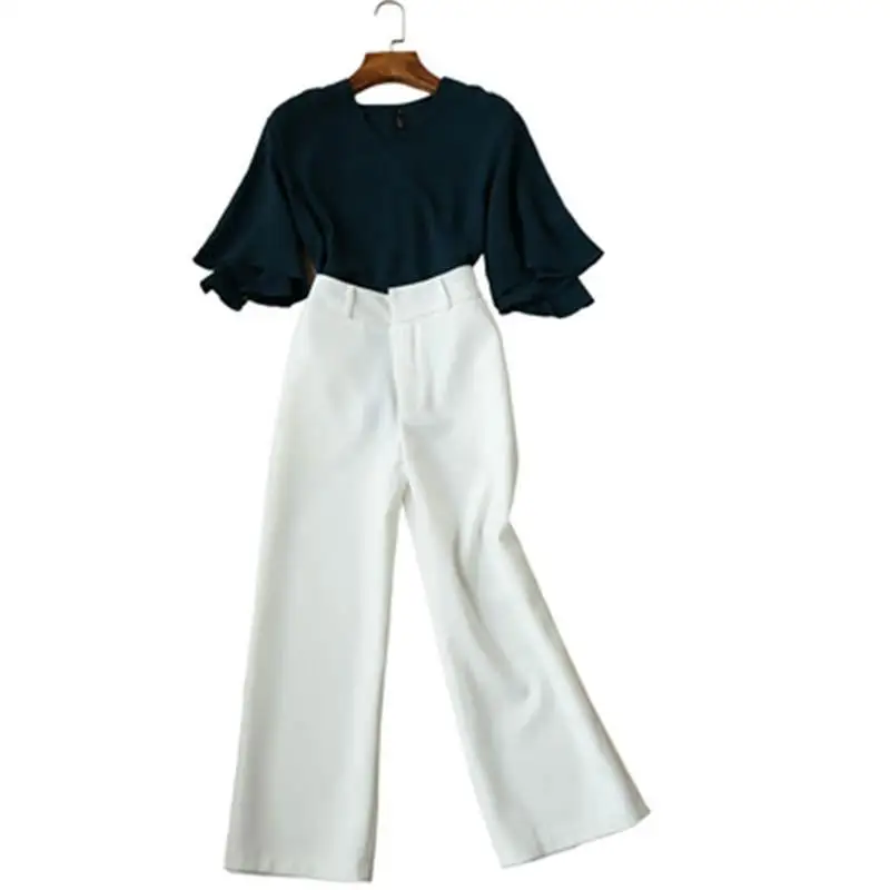 

Summer New women's fashion suit female loose trumpet sleeve chiffon shirt + eight points wide leg pants casual two-piece suit