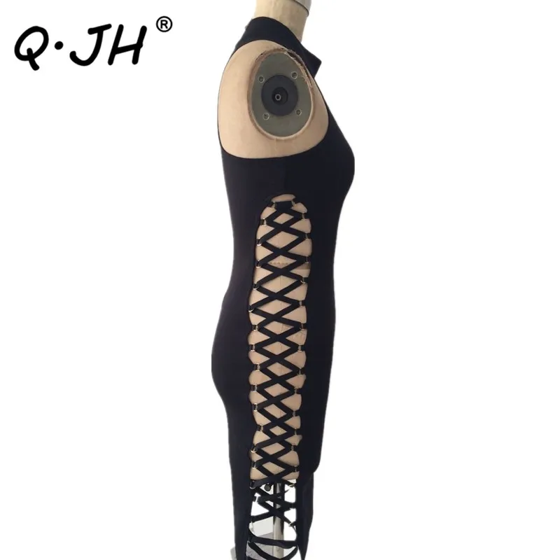 Сексуальная выдалбливают Бинты рукавов dress черный зашнуровал bodycon Midi Dress vestidos де