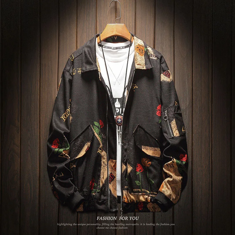 

Floral Printed Men Jackets New Arrival Spring Hip Hop Streetwear Baseball Jacket Men Coat Rose Print Windbreaker