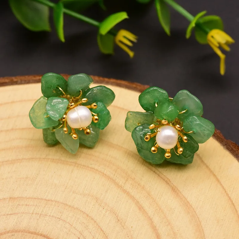 GLSEEVO Natural Jade Pearl Stud Earrings For Women Mom Birthday Day Gift 925 Sterling Silver Flower Earring Fine Jewelry GE0780