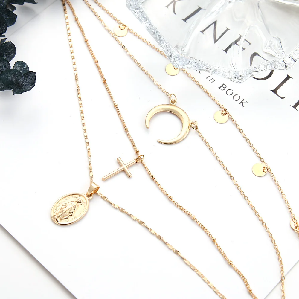 Jesus Cross Necklace Crescent Disc Metal Hanging Multi-storey Retro Wholesale | Украшения и аксессуары