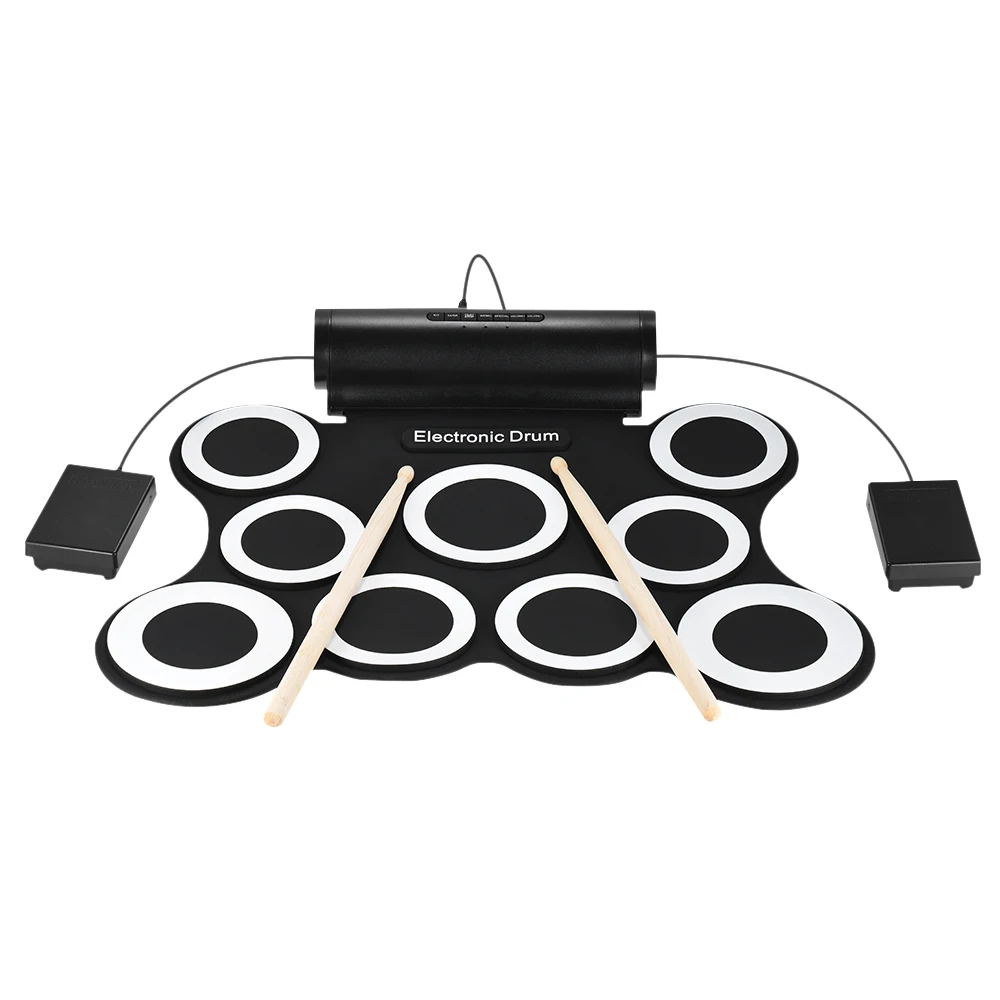 

Stereo Digital Electronic Folding Drum Kit 9 Silicon Drum Pads Built-in 3W Speakers USB Powered with Drumsticks Foot Pedals
