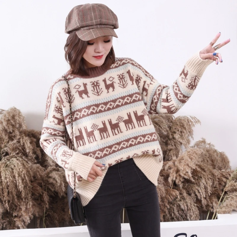 Winter Women Christmas Sweater with Deer Jacquard Korean O-neck Long Sleeve Pullover Thicken Warm Loose Casual knitted Sweaters | Женская