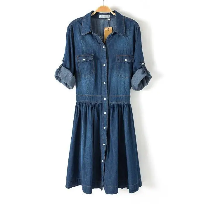 The new spring and summer 2015 han edition code cowboy dress Increasing fertilizer waist long sleeved dress|spring fashion dresses|spring
