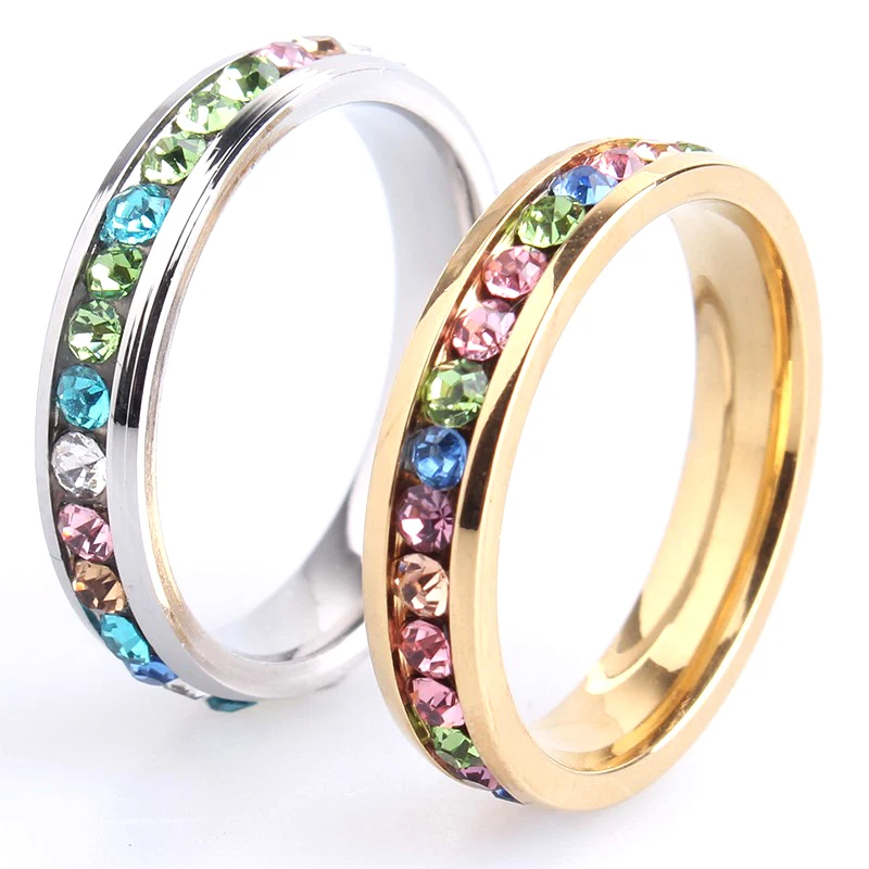 free shipping 4mm gold and silver single row multicolour crystal 316L Stainless Steel finger rings for men women wholesale | Украшения и
